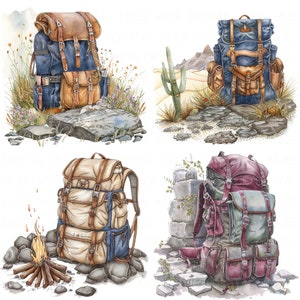 May include: Four different styles of vintage leather backpacks, each with unique color combinations and details. The backpacks are arranged in a collage against a white background.