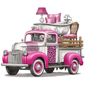 15 antieke zuinige clipart, junk Queen, garage sale, retro roze vrachtwagen, verhuisdag afdrukbare hoge kwaliteit jpg junk Journal scrapbook tshirt