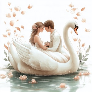 11 Wedding Couple In Swan Boat Clipart Watercolor Love Story Printable High Quality JPEG For Paper Craft Journal Valentine Day Wedding Card