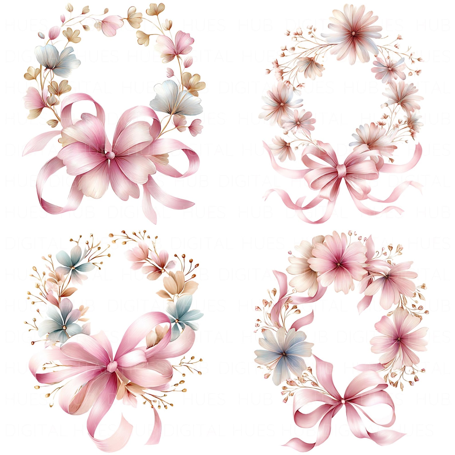 23 Pink Ribbon Bow Frame Clipart Watercolor Floral Pink Coquette Ribbon ...