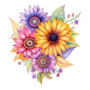 13 Pacote de clipart de design de girassol em aquarela com design floral para impressão em JPEG de alta qualidade para papel de diário de lixo, artesanato, scrapbook, cartão, faça você mesmo
