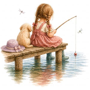 May include: Watercolor illustration of a young person fishing off a wooden dock with a small dog. The person wears a pink dress and blue boots. A lavender hat sits next to the dog. A dragonfly hovers nearby. The water reflects the scene.