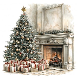 14 Clipart di Caminetti con Alberi di Natale, Grafiche Festive in Acquerello, Stampabili in Alta Qualità, JPEG per Riviste, Artigianato su Carta, Album