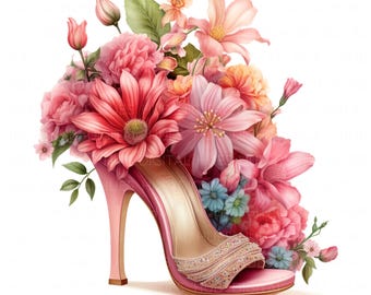 17 Pink Floral High Heels Clipart Watercolor Cute Floral Prom Sandal High Quality JPEG Printable For Scrapbook Junk Journal Paper Crafts DIY