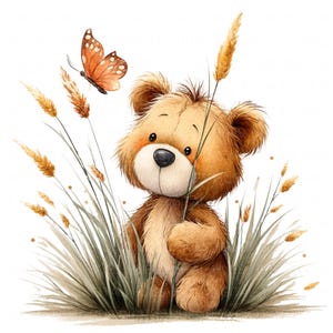 12 Cute Teddy Bear Clipart Watercolor Nursery Teddy Bear Butterfly Art Printable High Quality JPG Junk Journal Paper Craft Scrapbook Nursery