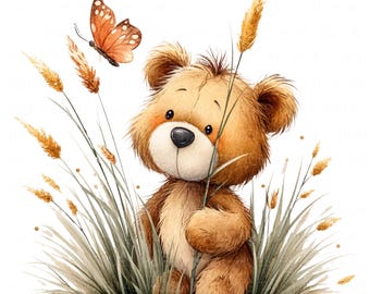 12 Cute Teddy Bear Clipart Watercolor Nursery Teddy Bear Butterfly Art Printable High Quality JPG Junk Journal Paper Craft Scrapbook Nursery