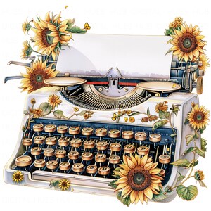 Pacote de clipart de máquina de escrever de girassol 8, aquarela, máquina de escrever, arte de berçário, impressão de alta qualidade, JPEG para diário de lixo, papel, artesanato, scrapbook