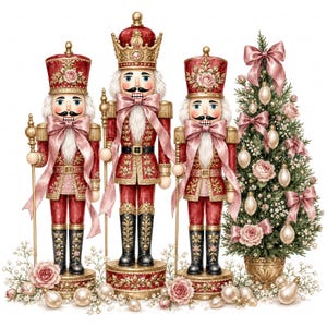 May include: Three nutcracker figures in red and gold uniforms with pink bows, standing beside a decorated Christmas tree. The nutcrackers wear tall hats with floral accents and hold staffs. The scene is adorned with pink roses and white ornaments.