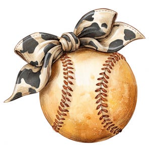 May include: A brown and white baseball with black and white cow print ribbon tied around it.