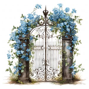 11 Puerta de hierro de Forget Me Not Clipart Acuarela Floral Puerta de jardín rústica Imprimible Alta calidad JPEG Diario basura Manualidades de papel Álbum de recortes DIY