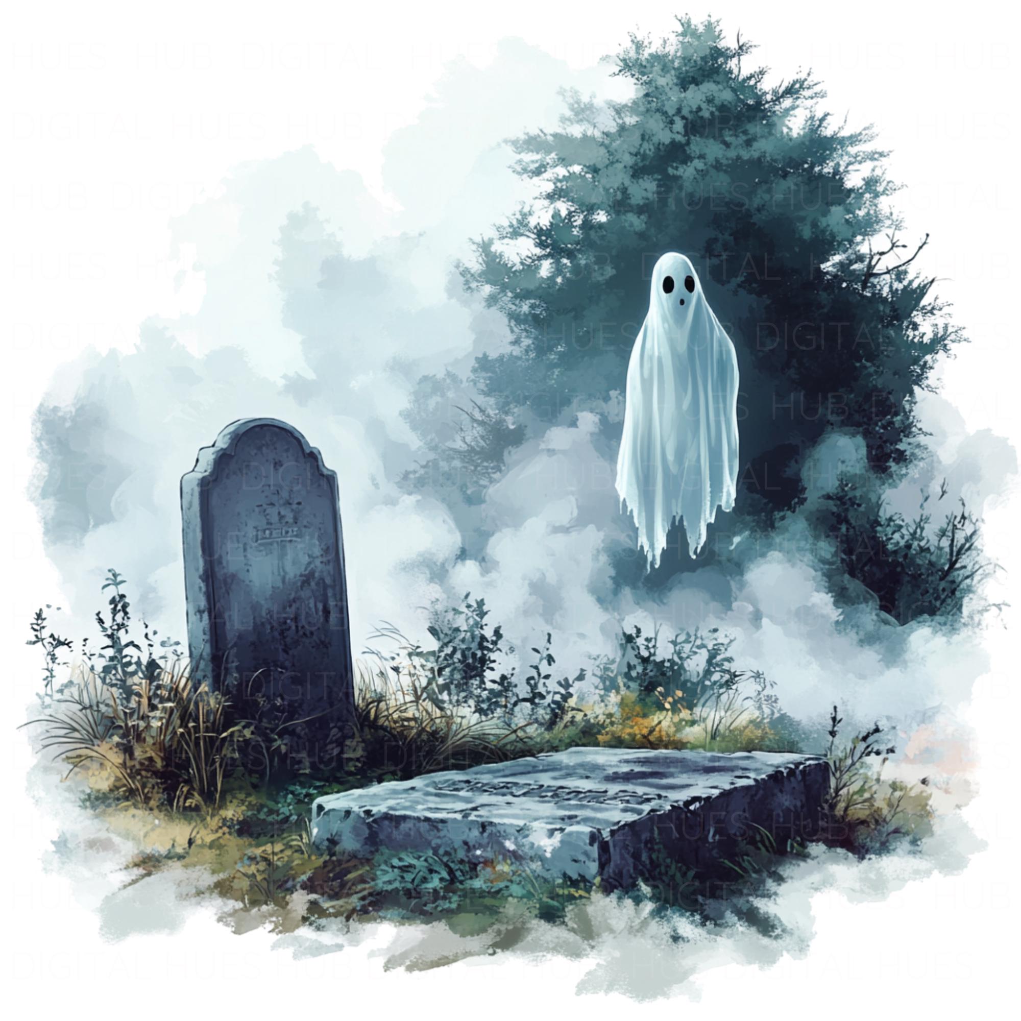 9 Evil Spirit in Graveyard Clipart Watercolor Floating Ghost Art High ...