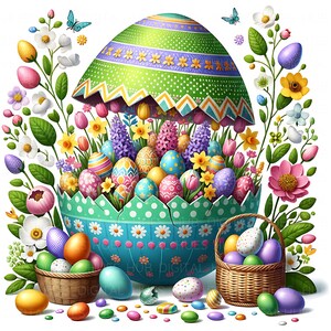 May include: A vibrant Easter illustration showing a large, decorated egg filled with decorated eggs and flowers. Two wicker baskets contain more eggs, surrounded by flowers and butterflies. The image is bright and colourful.