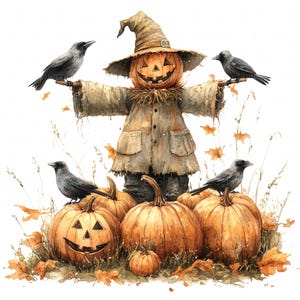 12 cliparts citrouilles épouvantail aquarelle Halloween automne légumes haute qualité JPEG imprimable pour scrapbooking journaux indésirables papier artisanat
