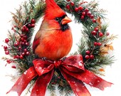 12 Red Cardinal Bird Clipart Watercolor Christmas Wreath Holiday Printable High Quality JPEG Junk Journal Paper Craft Scrapbook Card Making