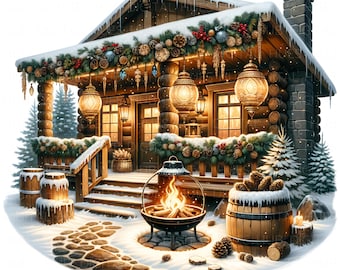 16 Christmas Log Cabin Clipart: Watercolor Cozy House in Woods JPEG, Festive Holiday Graphics Digital Download For Xmas Junk Journal & Card