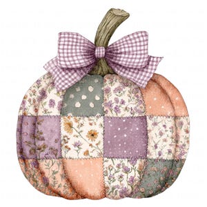 May include: A watercolor illustration of a patchwork pumpkin with a gingham bow. The pumpkin is composed of various fabric patterns, including floral and polka dot designs, in shades of purple, green, and peach. The stem is brown.