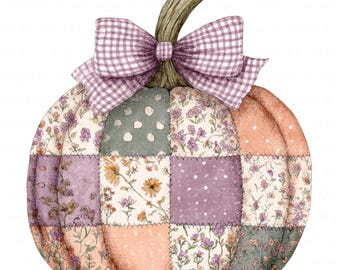 14 Herbst Patchwork Kürbis Clipart Gesteppter Kürbis, Kürbis mit Schleife PNG Vintage Kürbis zum Ausdrucken, Cottagecore Rustikaler Kürbis, Herbsternte