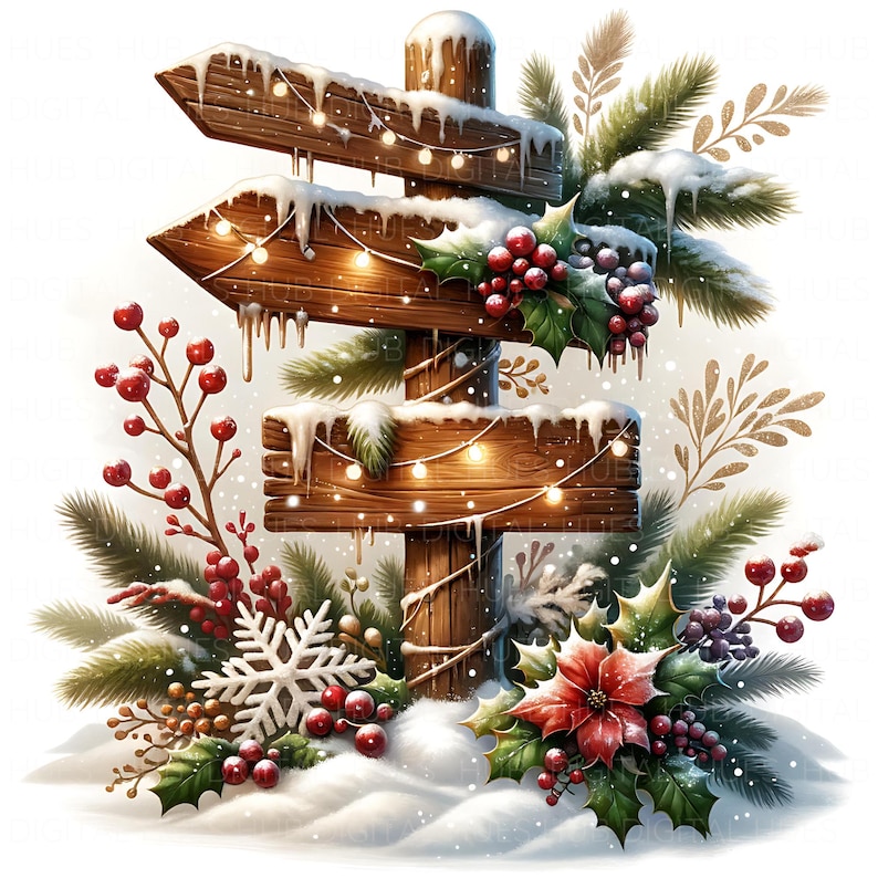 12 Snowy Christmas Signpost Clipart: Watercolor Holiday Signage JPG ...