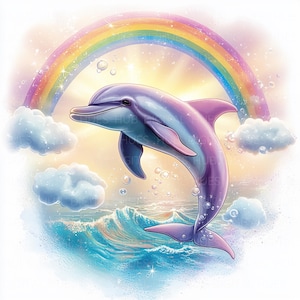 15 delfines y arcoíris Clipart Acuarela Delfín Póster Niños Guardería Arte de pared Imprimible Alta calidad JPG Junk Journal Paper Craft Scrapbook