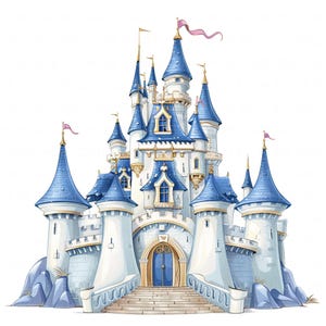 15 Magiczny Zamek Księżniczki Clipart Akwarela Bajkowe Magiczne Królestwo Wydrukowane Wysokiej Jakości JPEG Junk Journal Papier Rzemiosło Scrapbook Karty