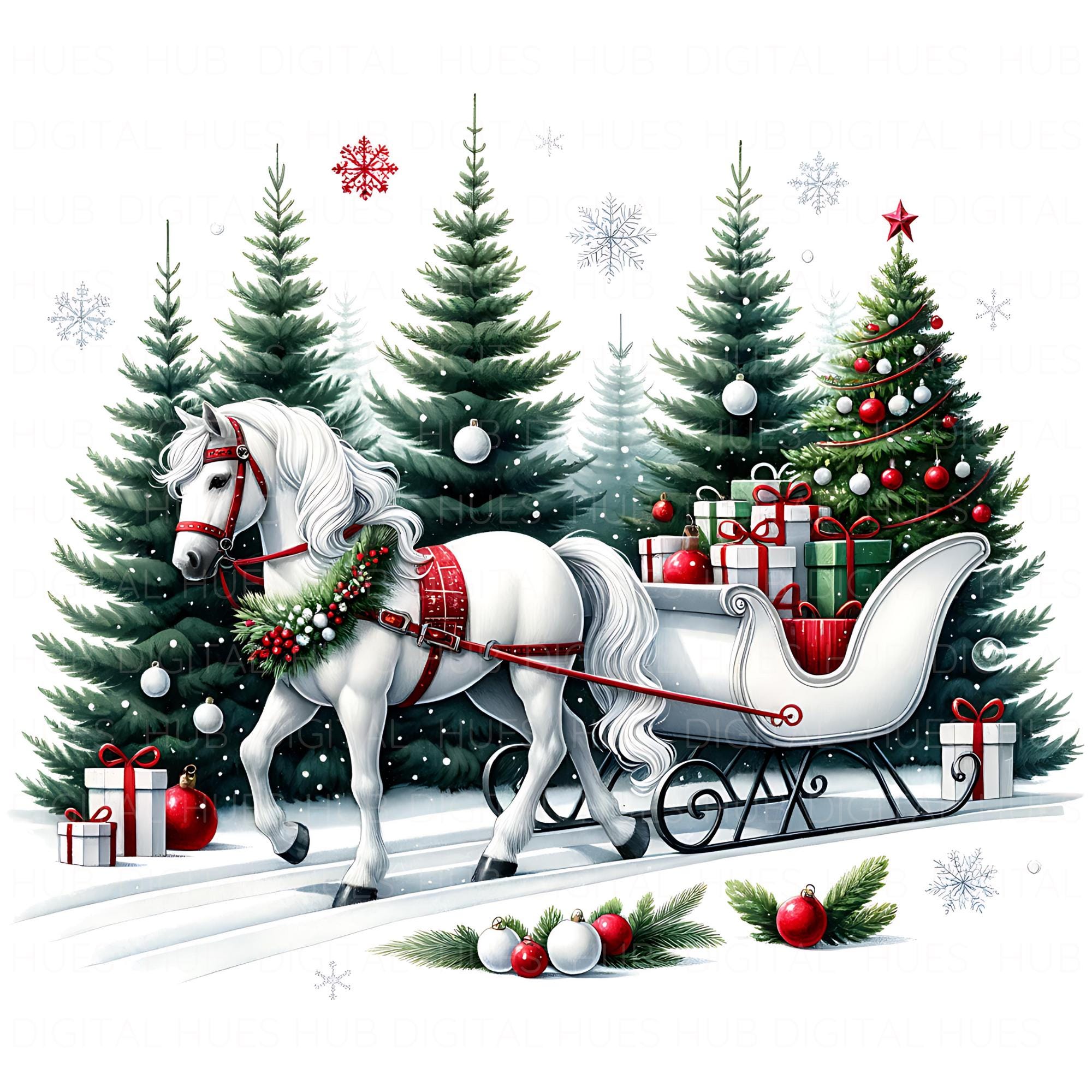 10 Christmas Horse Sleigh Clipart: Watercolor Snowy Winter Scene JPG ...