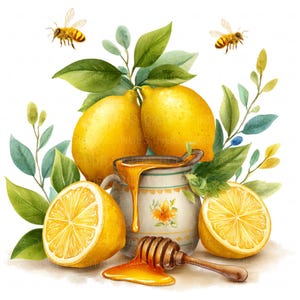 Bee and Honey Jar Clipart: Watercolor Lemon Aesthetic JPG, Honey Illustrations Digital Download For Junk Journal, Greetings Card, Decor, Crafts Digital Download Nursery Art Decor Living Room Decoration Coaster Design Wedding Invite T-shirt Gift Making Card