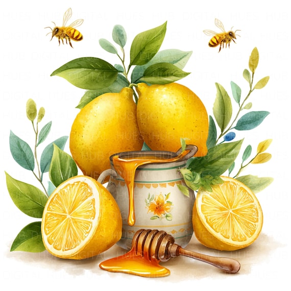 15 Bee and Honey Jar Clipart: Watercolor Lemon Aesthetic JPG, Honey Illustrations Digital Download For Junk Journal, Greetings Card, Decor