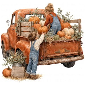 May include: A rusty orange vintage pickup truck filled with pumpkins and greenery. A child in blue denim overalls and a cream sweater reaches into the truck bed, while another child in a rust sweater and blue overalls sits among the pumpkins.