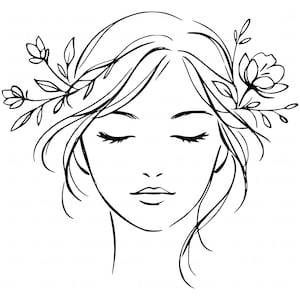May include: A black and white line drawing of a woman's face with closed eyes. The woman has long flowing hair and is adorned with floral elements. The illustration is simple and elegant, suitable for various artistic applications.