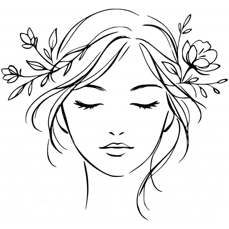 May include: A black and white line drawing of a woman's face with closed eyes. The woman has long flowing hair and is adorned with floral elements. The illustration is simple and elegant, suitable for various artistic applications.