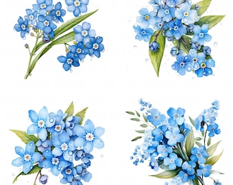 Könnte beinhalten: Vier Aquarell-Illustrationen von Vergissmeinnicht-Blumen mit blauen Blütenblättern und grünen Blättern. Die Blumen sind in verschiedenen Sträußen angeordnet und haben Wassertropfen darauf.