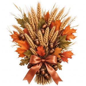 Peut inclure: Un arrangement décoratif d'automne composé de tiges de blé dorées, de feuilles d'érable orange et brunes vibrantes, et de plusieurs glands bruns. Le bouquet est noué à la base par un large ruban de satin lisse de couleur cuivre.