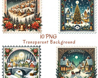 10 Vintage Christmas Stamps Clipart: Watercolor Festive Winter Holiday Stamp PNG, Retro Christmas Stickers Digital Download For Junk Journal