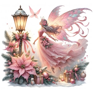 Puede incluir: Ilustración digital de un hada con un vestido rosa y grandes alas detalladas, flotando cerca de una farola decorada y adornos navideños. Una mariposa rosa revolotea cerca. La escena está ambientada en un país de las maravillas invernal con nieve y decoraciones festivas.