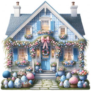 Op de afbeelding: Een charmant blauw en wit huisje versierd voor Pasen. Het huis heeft een blauw dak, luiken en een deur, versierd met bloemenslingers, een roze strik en een krans. Paaseieren en bloempotten sieren de voortuin.