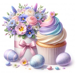 May include: A pastel Easter arrangement featuring a cupcake with rainbow frosting, a bouquet of flowers in a white box tied with a pink ribbon, and decorated Easter eggs. The colour palette includes soft pinks, blues, and purples.