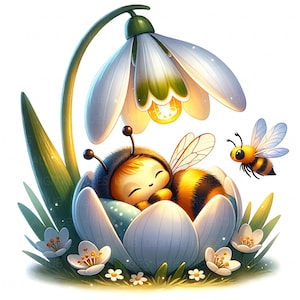 May include: A cute cartoon bee sleeping inside a white snowdrop flower with a yellow glow. A smaller bee is flying nearby. The flower is surrounded by green grass and small white flowers.