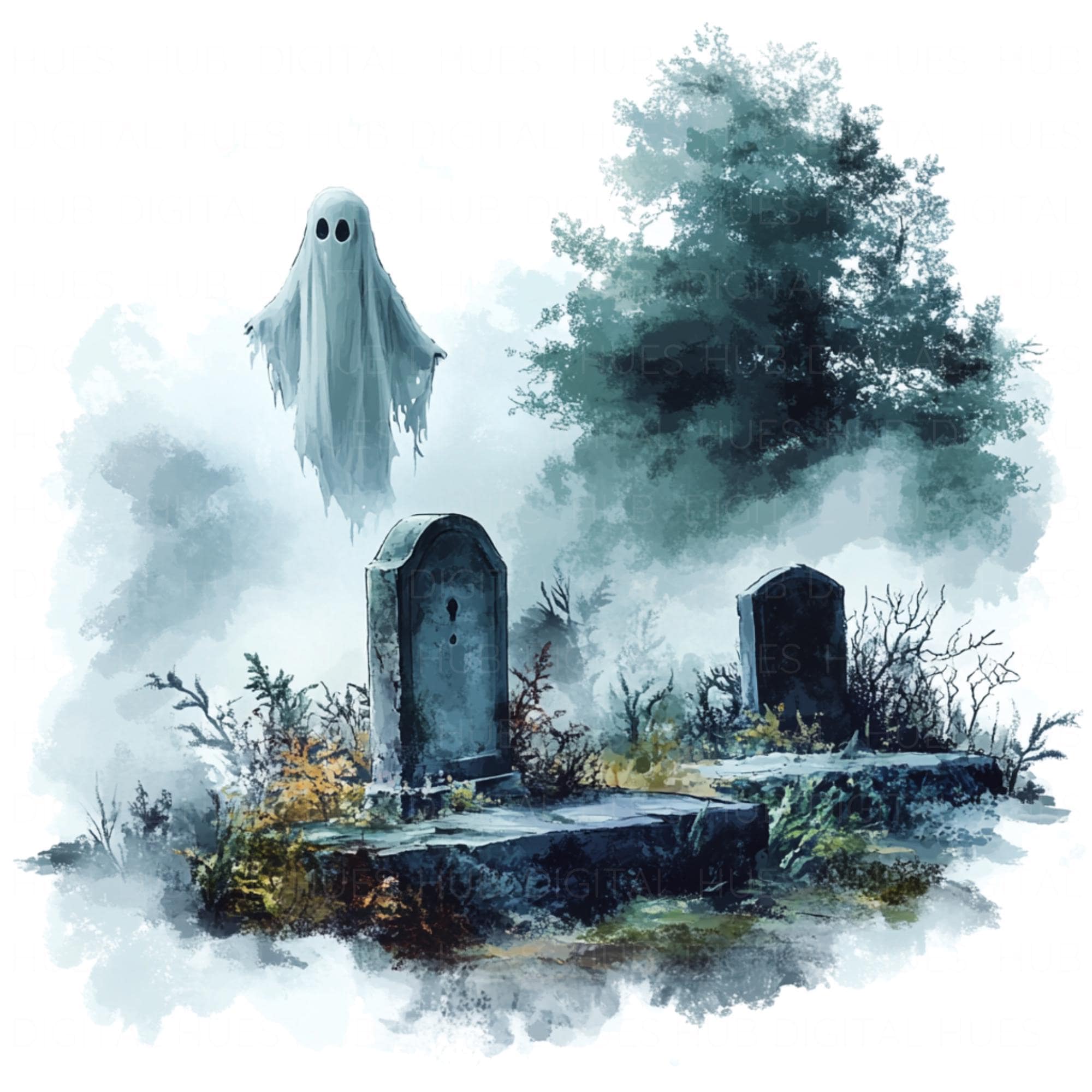 9 Evil Spirit in Graveyard Clipart Watercolor Floating Ghost Art High ...