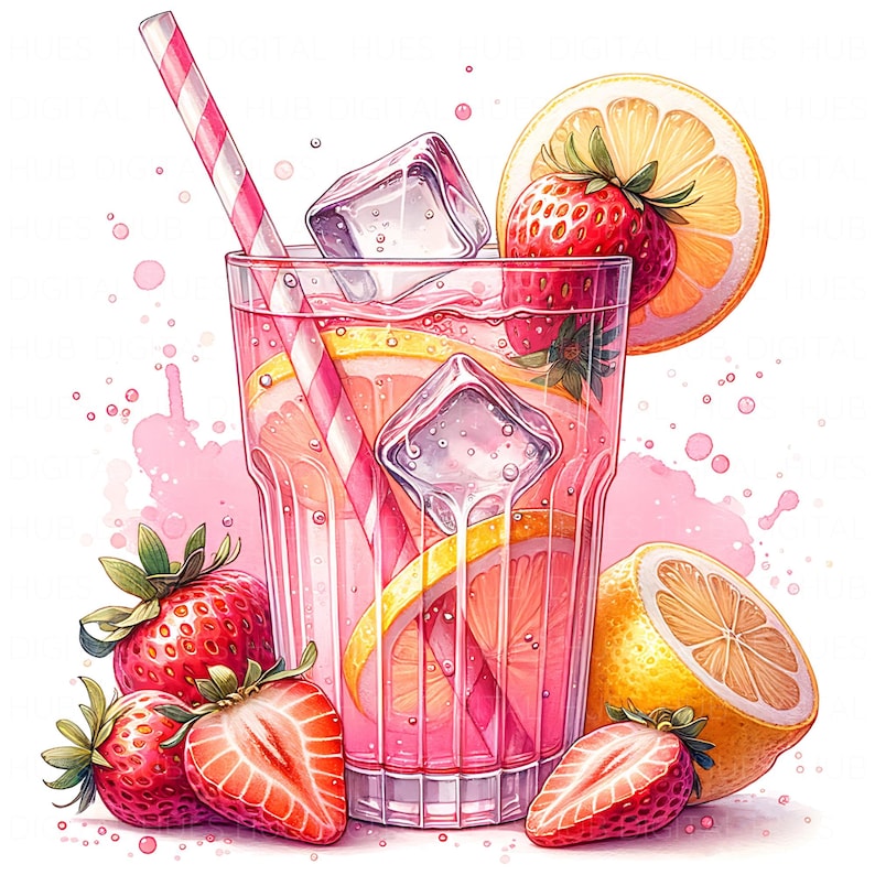 May include: Watercolor illustration of a pink lemonade drink in a glass with ice cubes, a striped straw, lemon slices, and strawberries. The drink is surrounded by fresh strawberries and a lemon half. The image has a bright, refreshing feel.