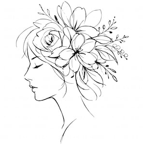 May include: A black and white line drawing of a woman's profile. Her hair is adorned with a floral arrangement of roses, lilies, and other botanical elements. The illustration has a delicate, artistic style, with fine lines and shading.