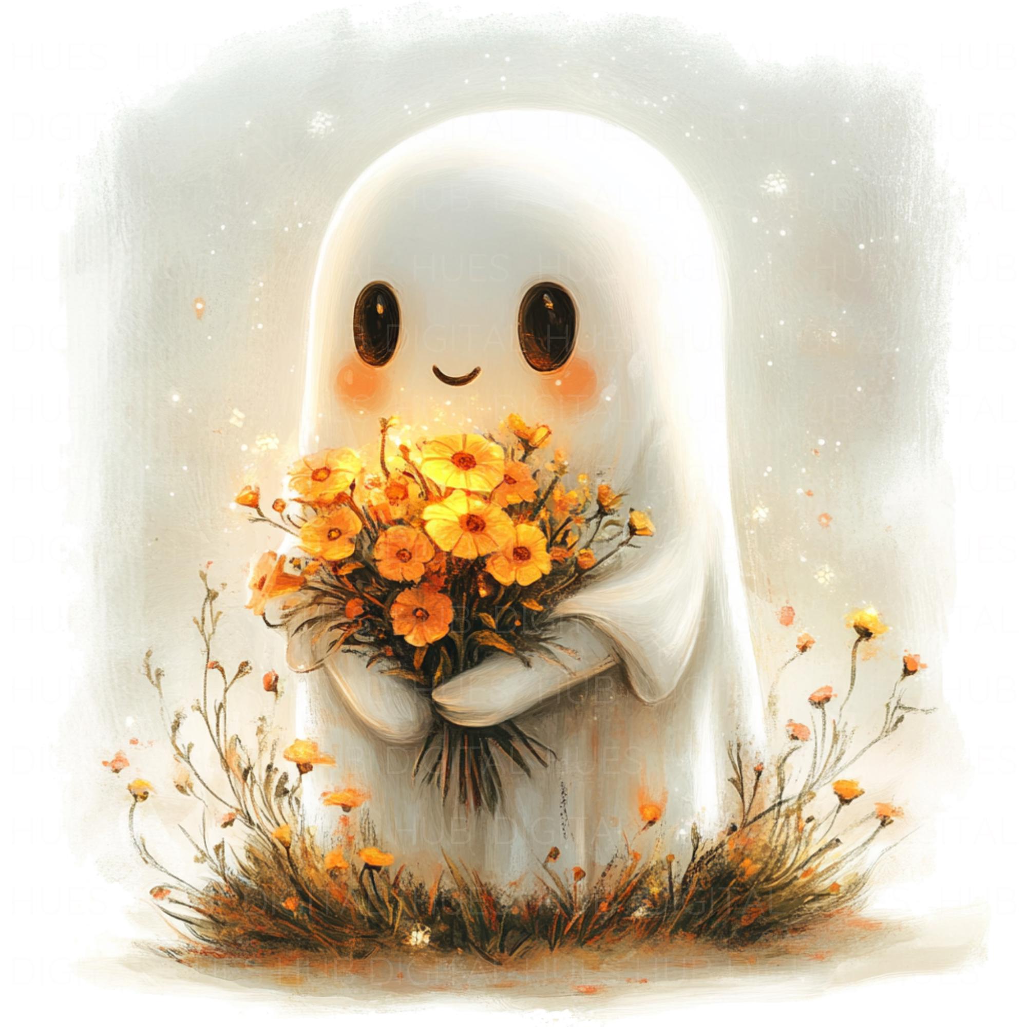 11 Cute Ghost With Flower Bouquet Clipart Watercolor Kawaii Ghost High ...