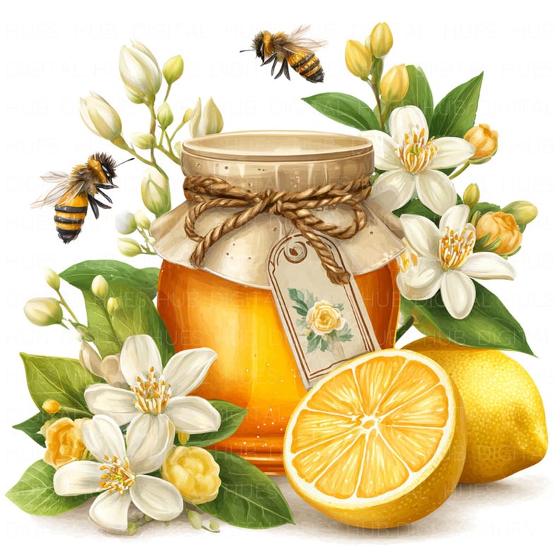 May include: A watercolor illustration of a jar of honey with a brown lid tied with twine. The jar is surrounded by white flowers, green leaves, and yellow lemons. Two bees are flying near the jar.