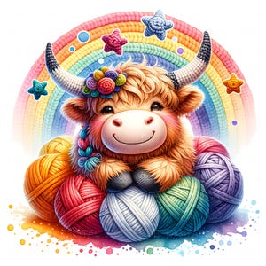 12 Knitted Highland Cow Clipart Watercolor Adorable Crochet Cow Designs Printable High Quality JPEG For Junk Journal Paper Craft Scrapbook
