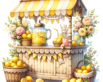 12 Lemonade Stand Clipart Cute Vintage Lemonade Cart Pastel Floral Lemonade Stall Drink Stand Printable High Quality JPEG, Crafts Invitation