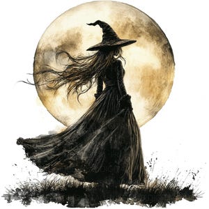 May include: A black and white illustration of a witch standing in front of a large, full moon. The witch is wearing a long black dress and a pointed hat. Her hair is long and flowing in the wind.