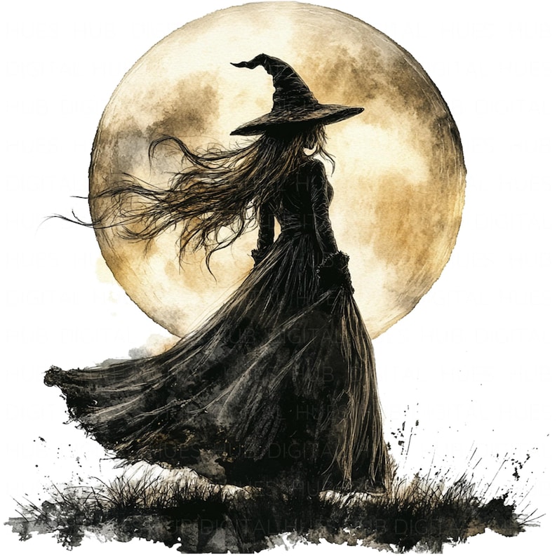 May include: A black and white illustration of a witch standing in front of a large, full moon. The witch is wearing a long black dress and a pointed hat. Her hair is long and flowing in the wind.