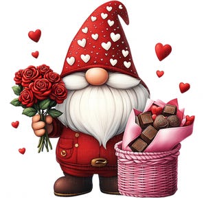 May include: A red gnome with a white beard and a red hat covered in white hearts holds a bouquet of red roses and a pink basket filled with chocolate hearts.