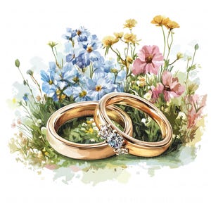 12 anillos de boda en el jardín Clipart Acuarela Romántica San Valentín Imprimible Alta Calidad JEPG Para Álbum de Recortes Diario Basura Manualidades de Papel Tarjeta de Bricolaje