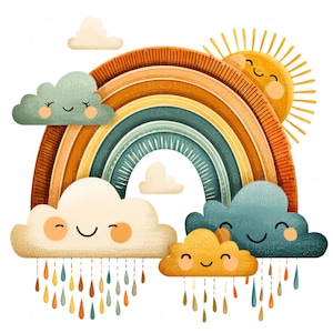 May include: A rainbow with a smiling sun and clouds with raindrops. The rainbow has orange, yellow, green, and blue stripes. The clouds are white, light blue, and dark blue. The sun is yellow with a smiling face. The raindrops are orange, yellow, green, and blue.