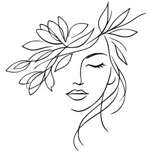 May include: A minimalist black and white line drawing of a woman's face with closed eyes, adorned with a floral and leaf crown. The artwork features delicate lines, emphasizing the contours of the face and the flowing hair.
